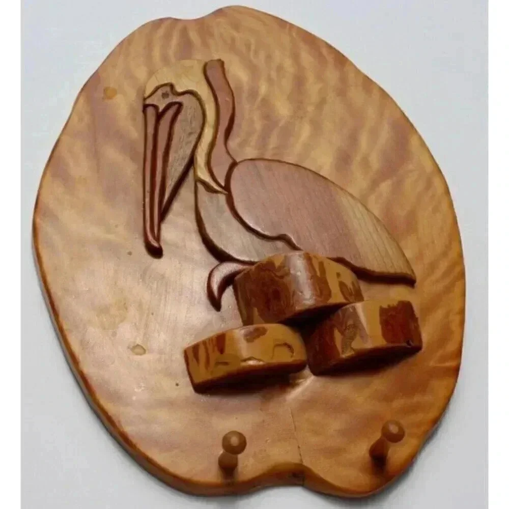Vintage Handmade Unique Wood Wall Rack / Hook Hanging Pelican Beach Wall Art